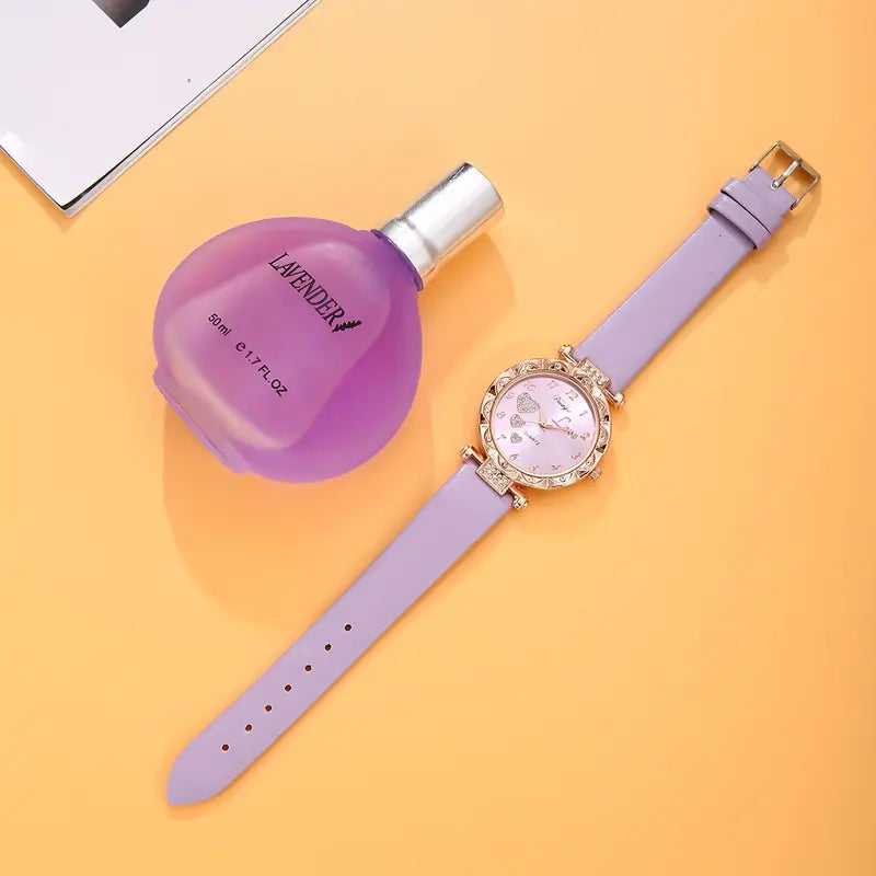 Elegant Women'S Quartz Watch & Lavender Scented Perfume Set - Round Zinc Alloy Case, Faux Leather Strap, 50ml Perfume Bottle