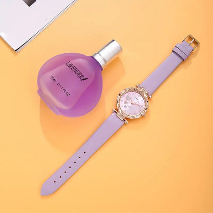 Elegant Women'S Quartz Watch & Lavender Scented Perfume Set - Round Zinc Alloy Case, Faux Leather Strap, 50ml Perfume Bottle